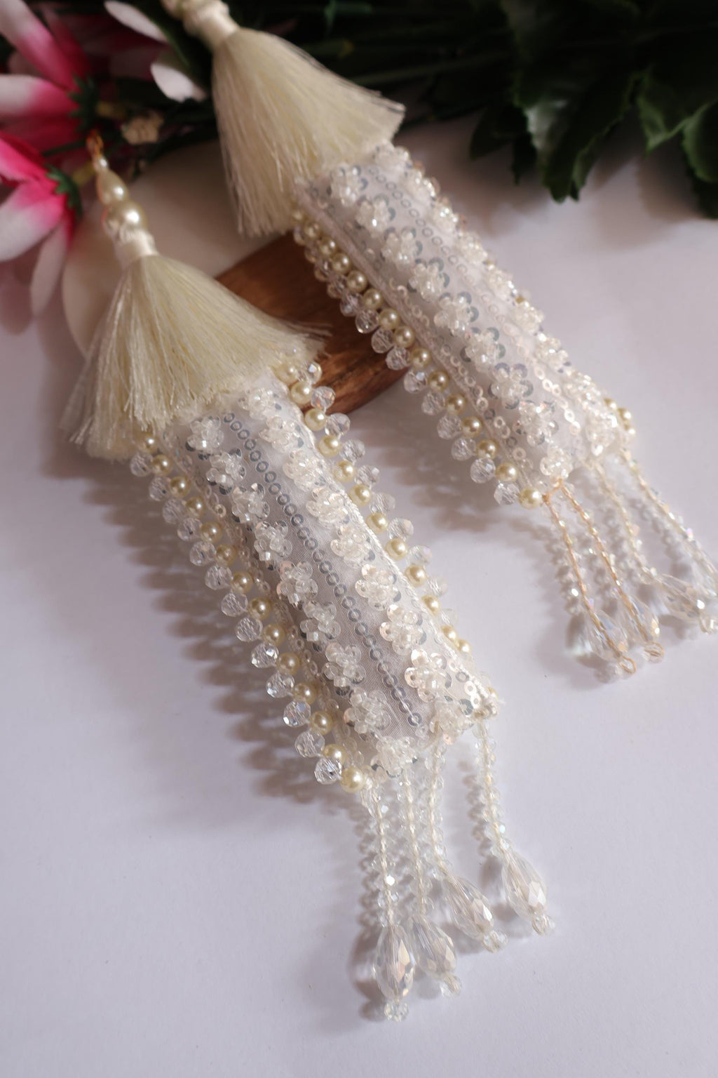 Pearl & Crystal Tassel Latkan: Indian Bridal Lehenga Dupatta Embellishment (Pair)