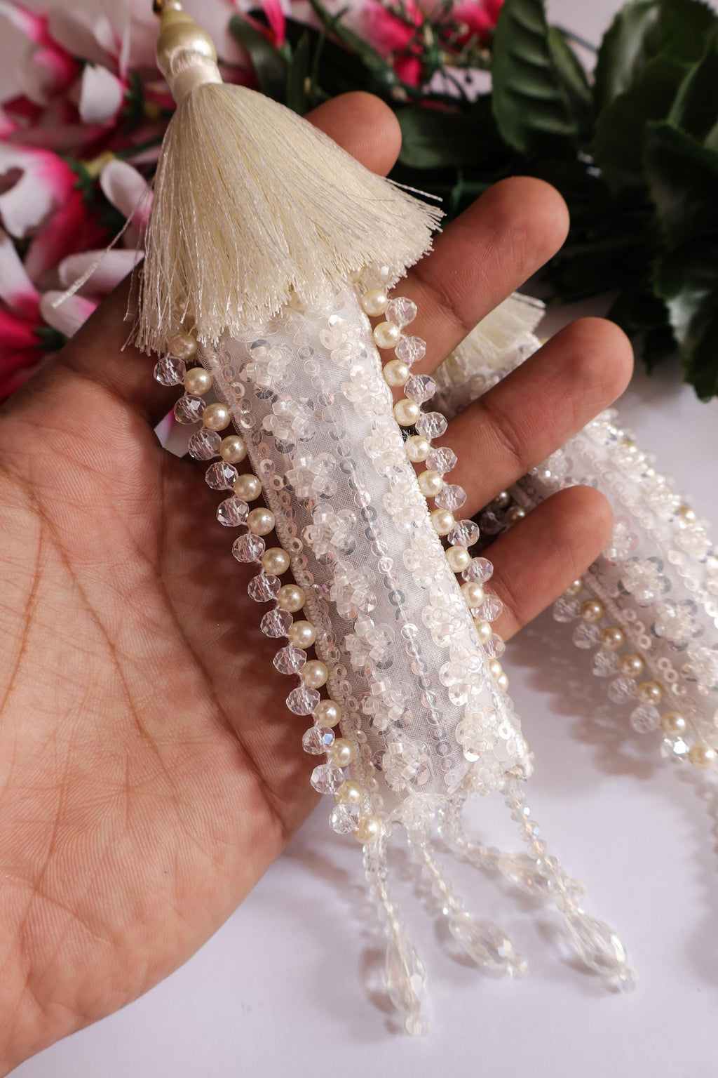 Pearl & Crystal Tassel Latkan: Indian Bridal Lehenga Dupatta Embellishment (Pair)