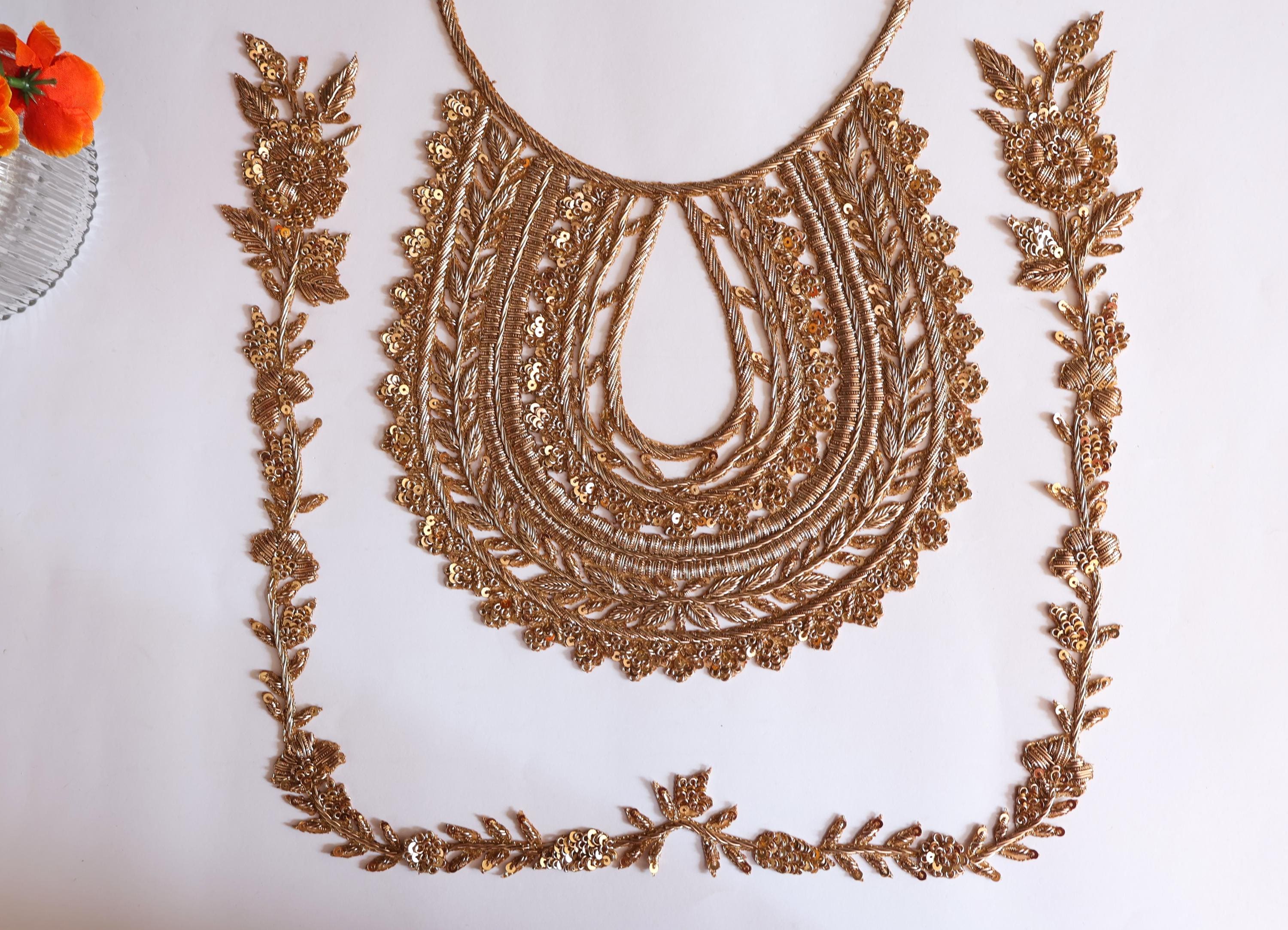 Embroidered Golden Neckline Patch with Trim: Indian Zardozi Applique