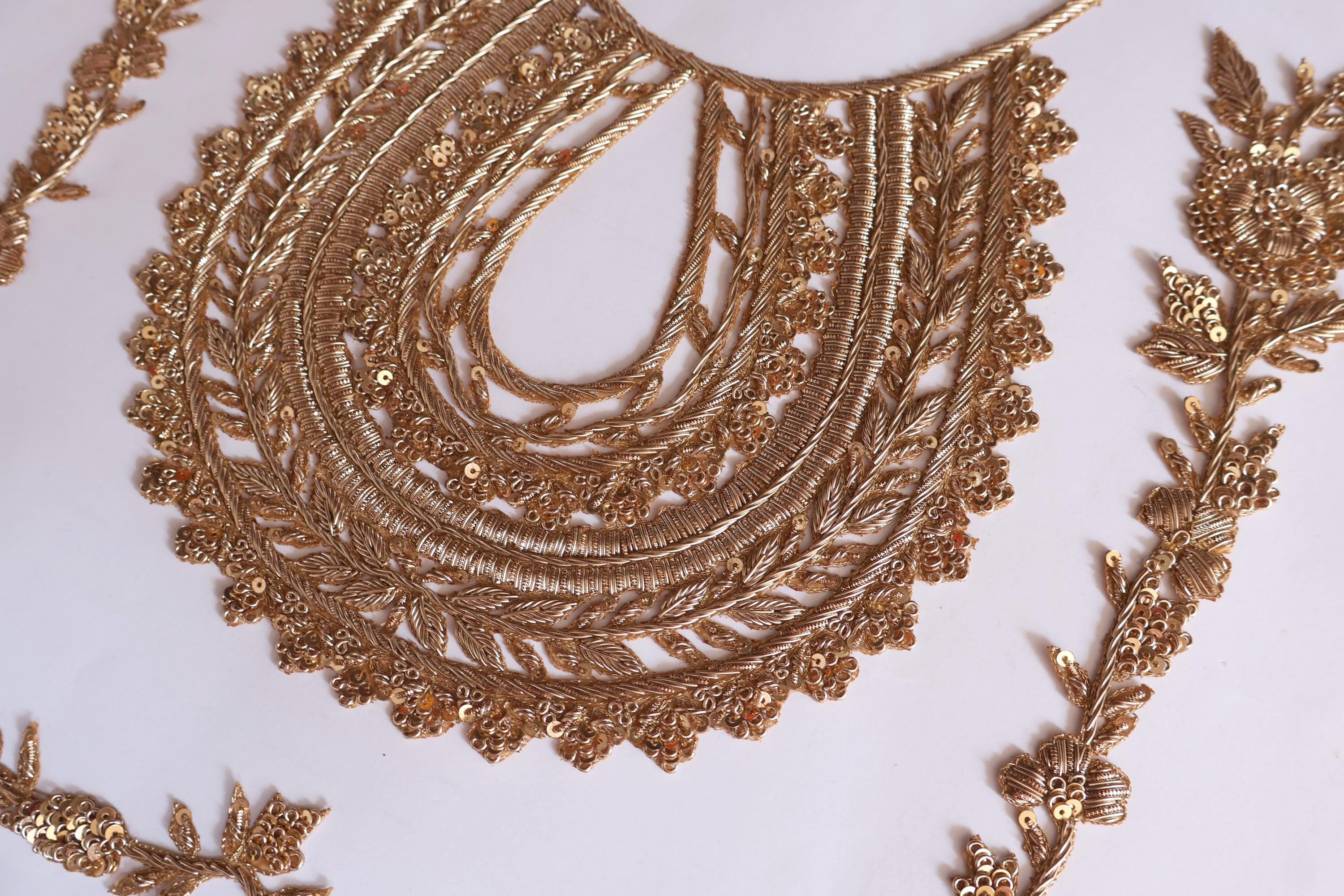 Embroidered Golden Neckline Patch with Trim: Indian Zardozi Applique