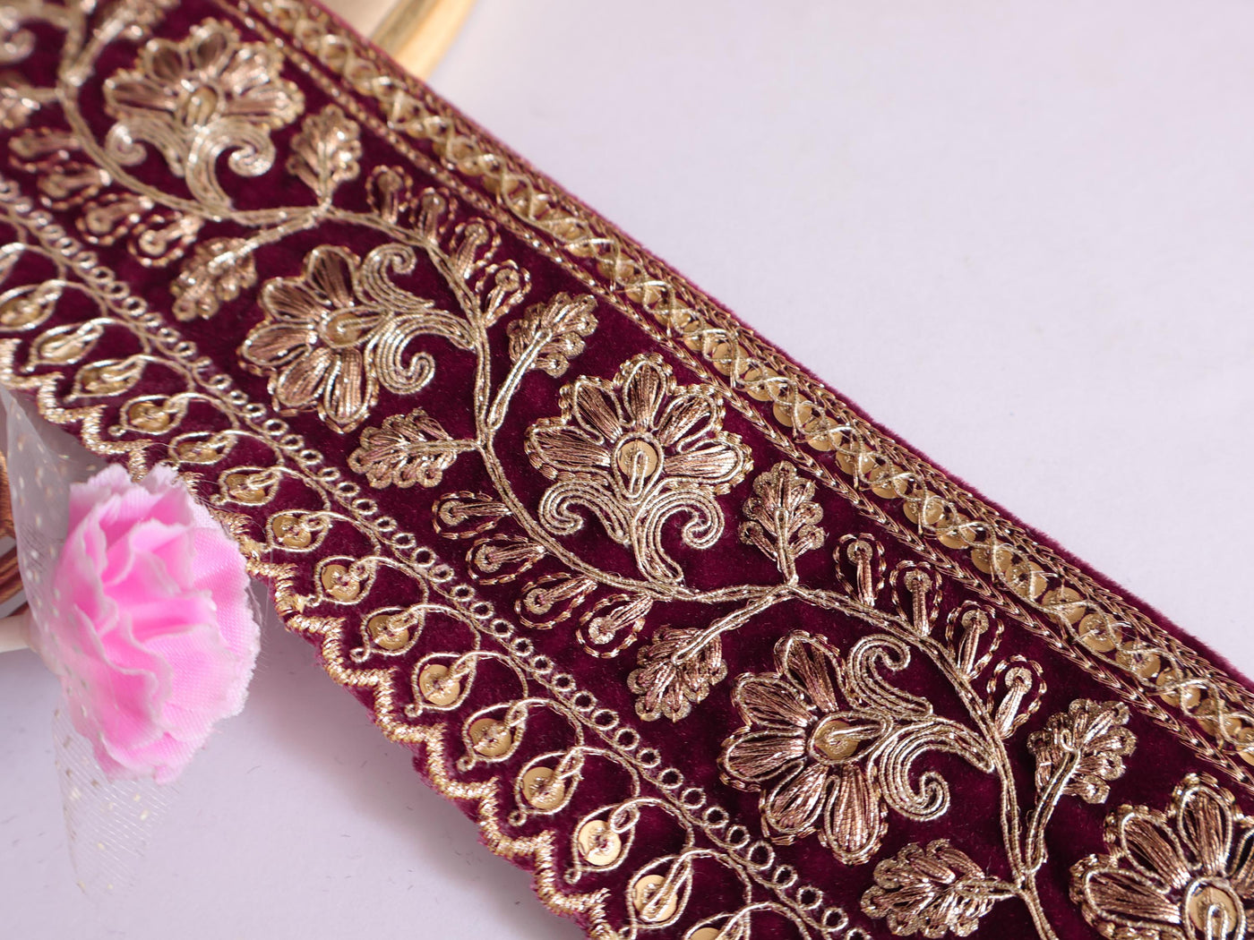 Wine Velvet Zari Lace Trim: Antique Golden Embroidered Border for Sarees