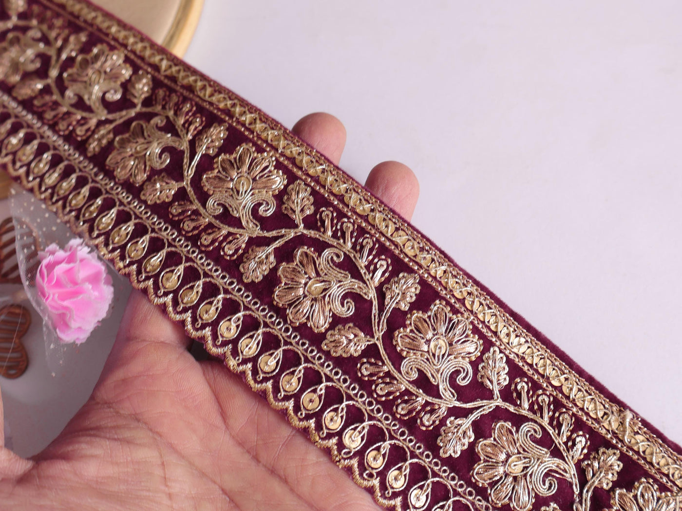 Wine Velvet Zari Lace Trim: Antique Golden Embroidered Border for Sarees