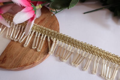 White Glass Beaded Tassel Lace Trim - 3cm Wide