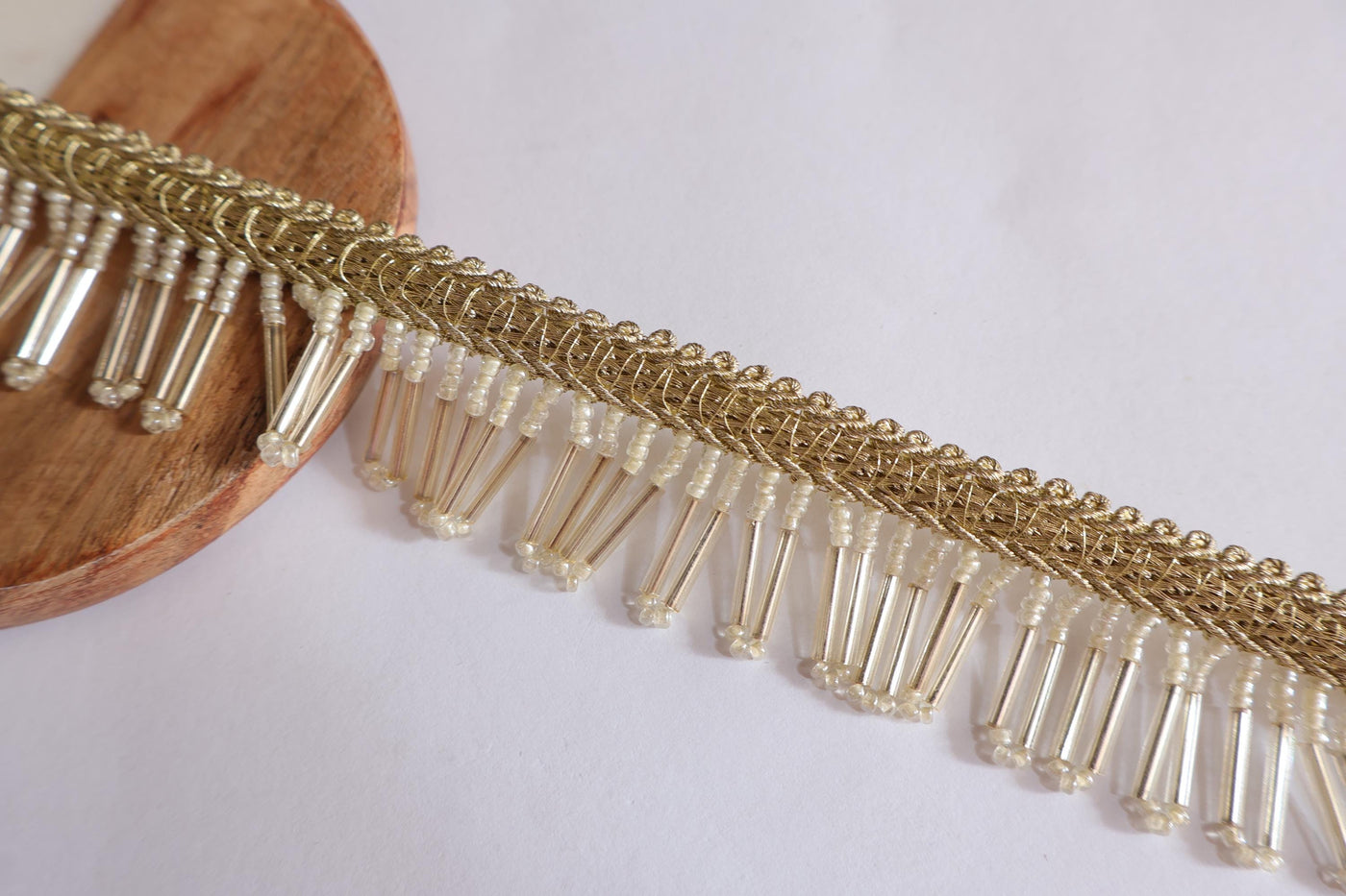 White Glass Beaded Tassel Lace Trim - 3cm Wide