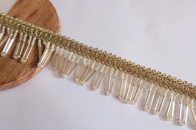 White Glass Beaded Tassel Lace Trim - 3cm Wide