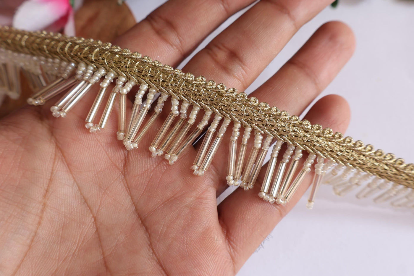 White Glass Beaded Tassel Lace Trim - 3cm Wide