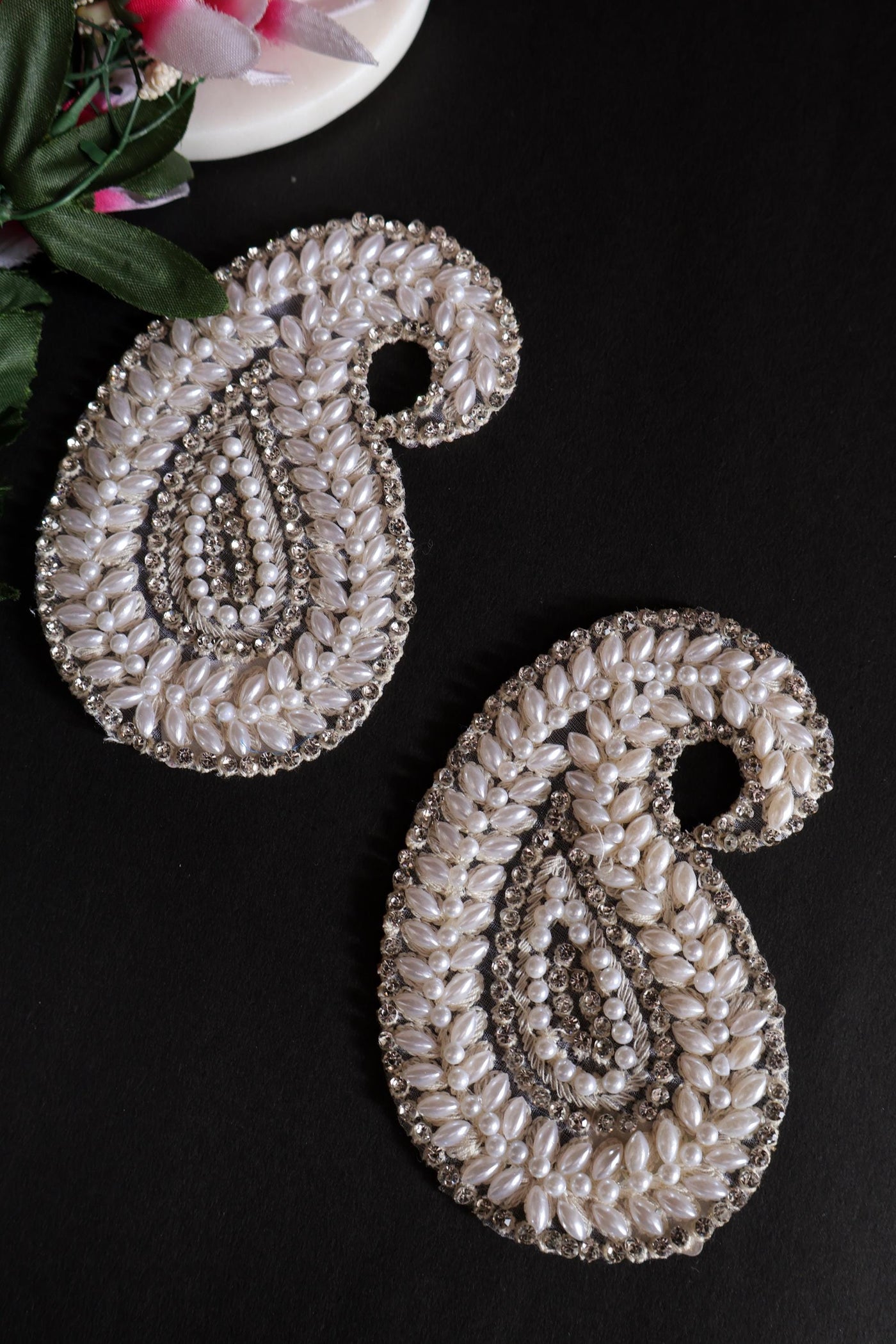 White Leaf Applique Patches: Beaded Zardozi Sew-On Embellishments (Set of 3)