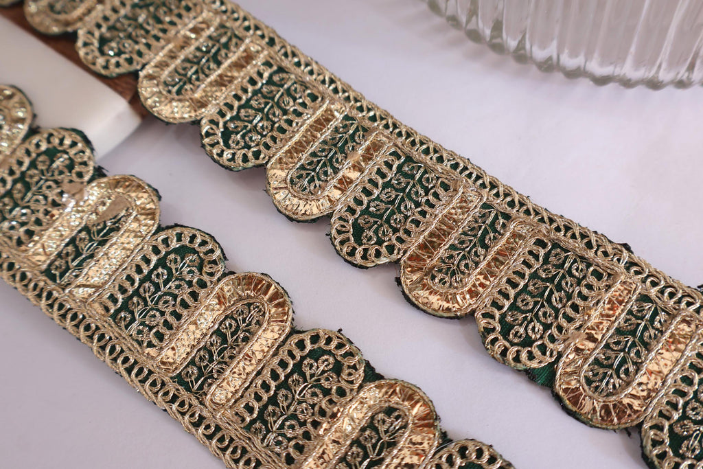Rama Green Scalloped Lace Trim: Golden Gota Patti Embroidered Sari Border, 9 Yards