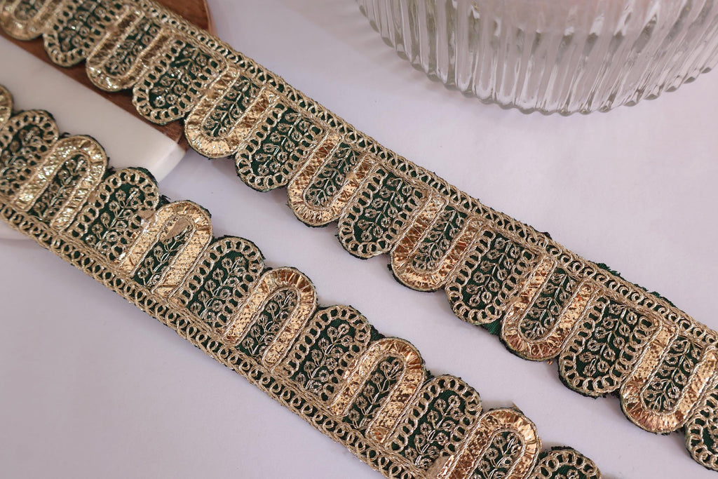 Rama Green Scalloped Lace Trim: Golden Gota Patti Embroidered Sari Border, 9 Yards