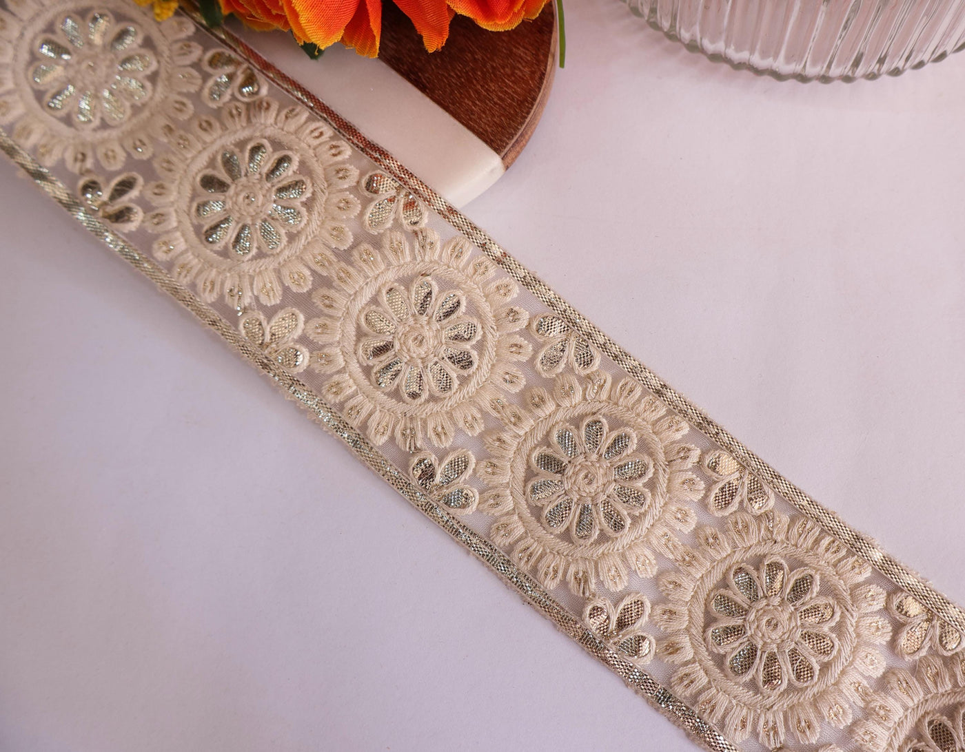 White & Gold Gota Patti Floral Lace - Indian Sari Border Trim