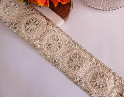 White & Gold Gota Patti Floral Lace - Indian Sari Border Trim
