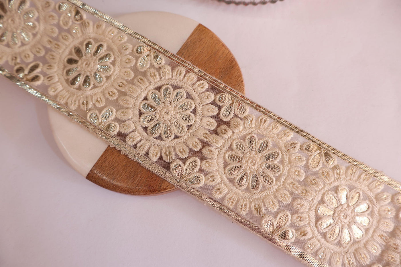 White & Gold Gota Patti Floral Lace - Indian Sari Border Trim