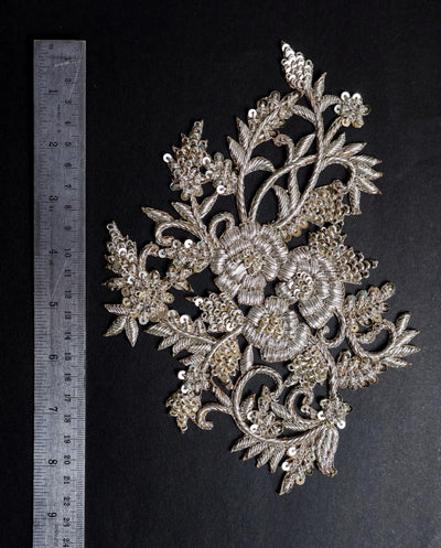 1 Pc - Floral Clear White Gold Zardozi Embroidered Sew on Patch