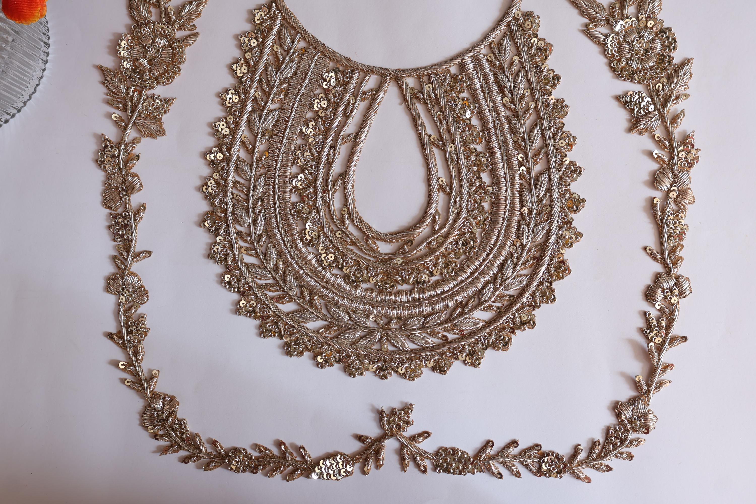 Embroidered Golden Neckline Patch with Vine Trim: Indian Zardozi Applique