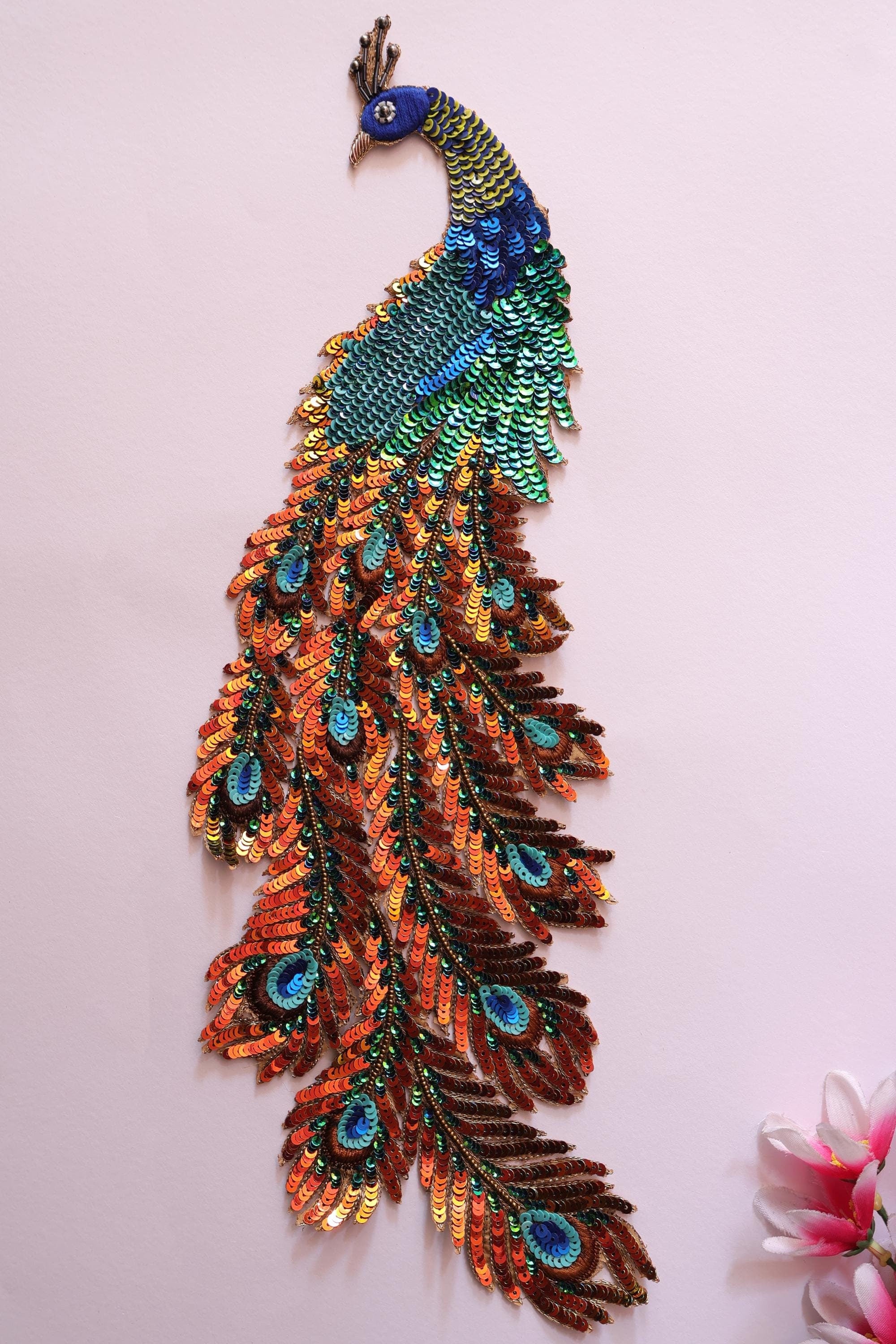 Ombre Sequins Peacock Applique: Large Zardozi Embroidered Patch