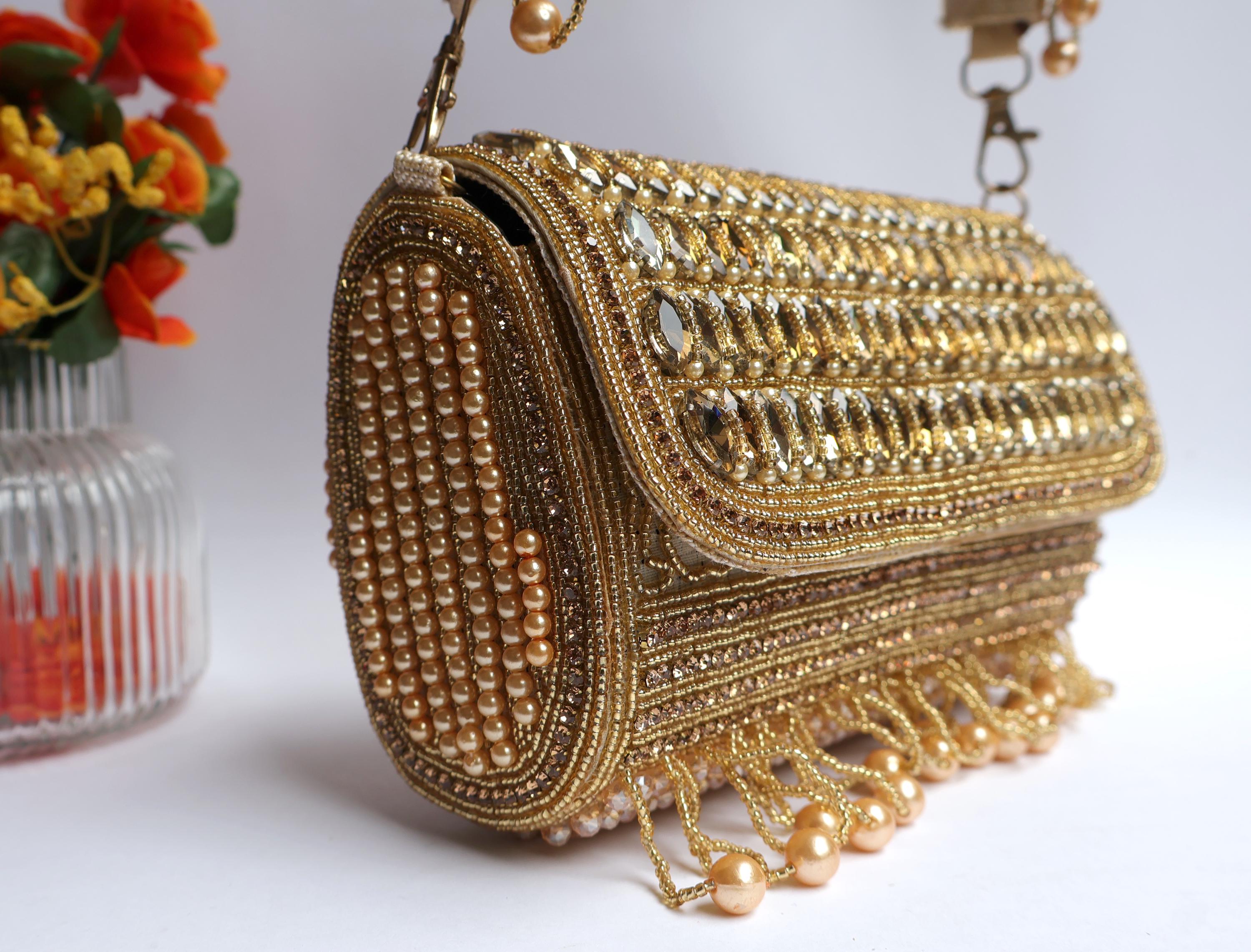 Handcrafted Champagne Gold Bridal Clutch: Crystal & Pearl Wedding Bag