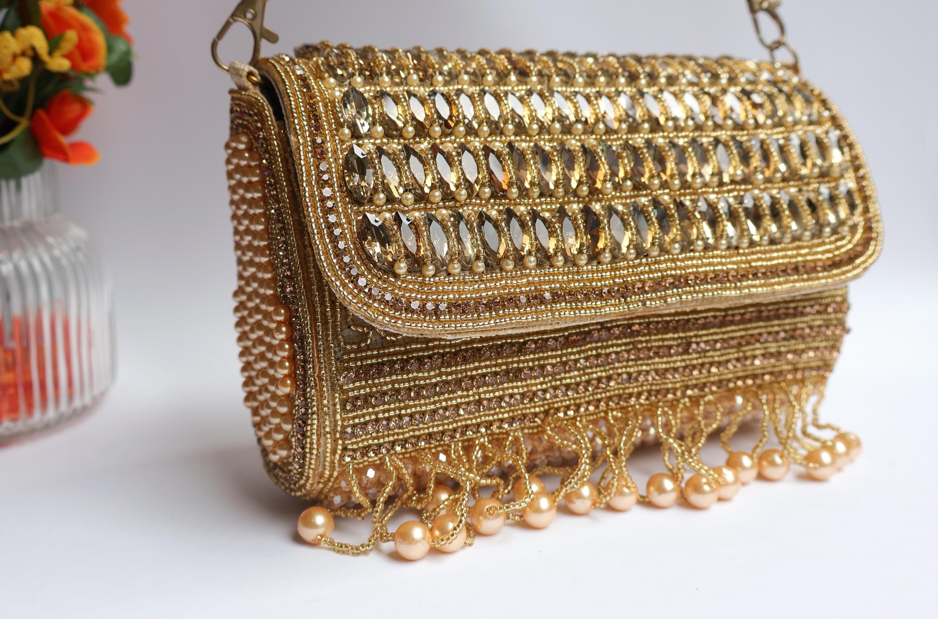 Handcrafted Champagne Gold Bridal Clutch: Crystal & Pearl Wedding Bag