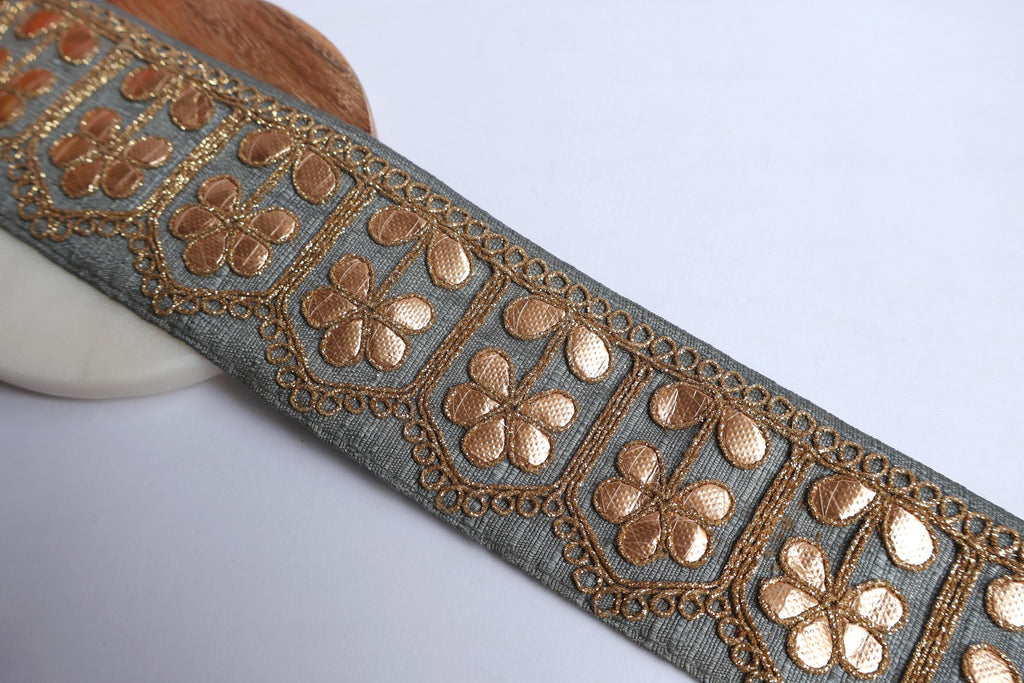 Grey Gota Patti Embroidered Lace Border: Indian Sari Dress Trim