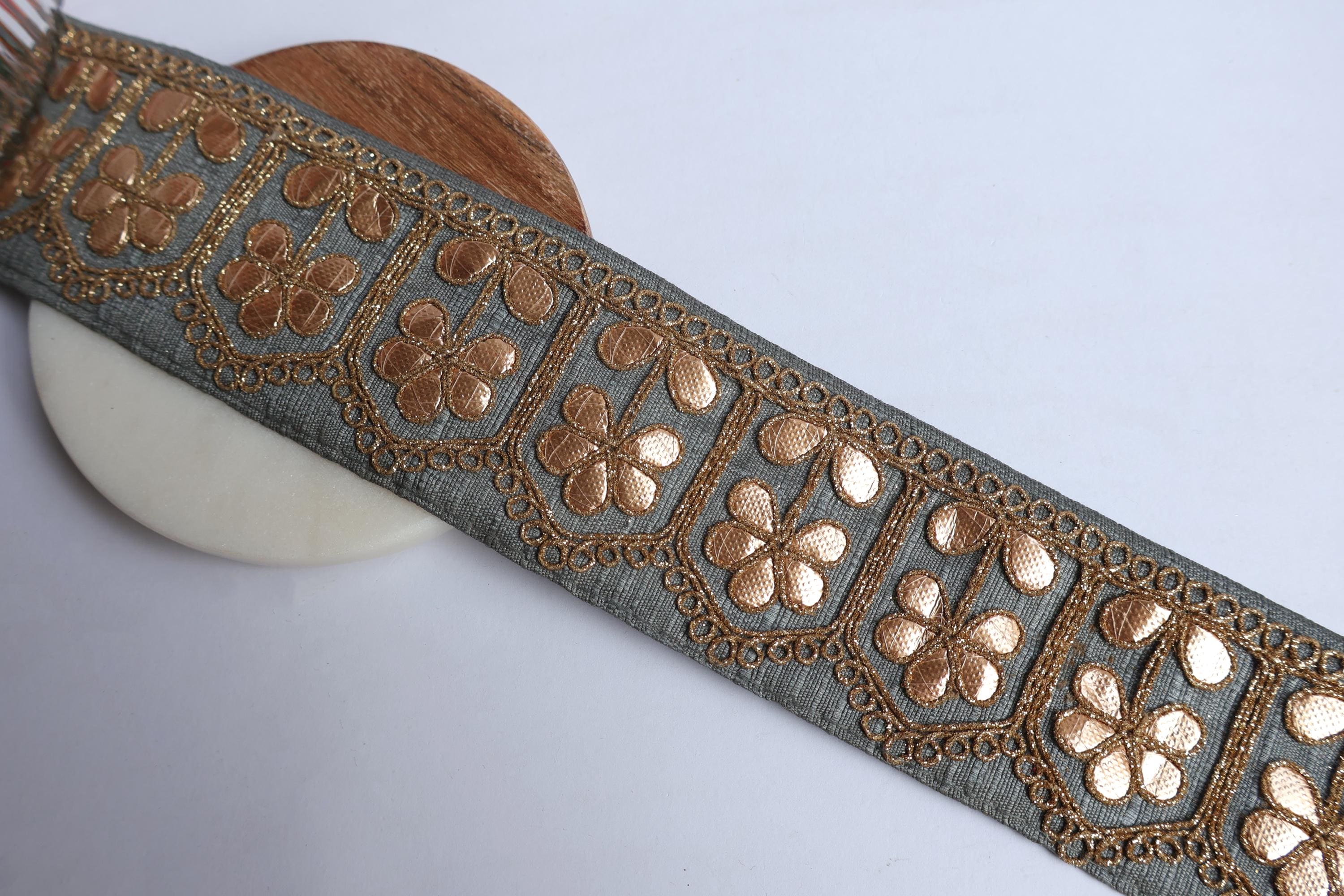 Grey Gota Patti Embroidered Lace Border: Indian Sari Dress Trim