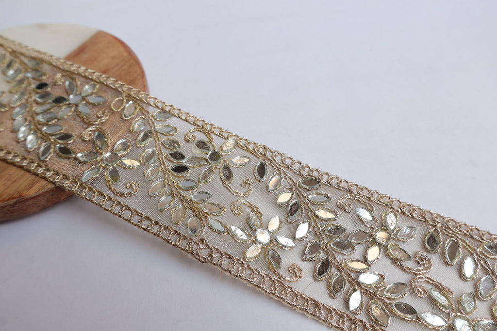 Golden Mirror Zari Border Lace: Indian Sari Trim (4.5cm Wide)