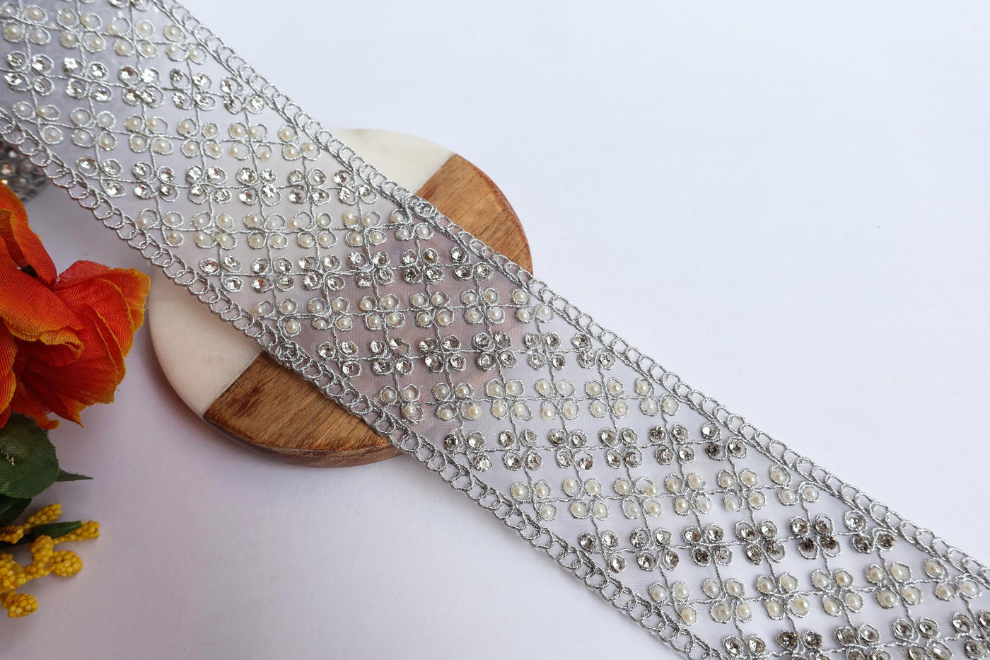 Silver Embroidered Trim Lace: Zircon, Pearl, Zari Sari Border - 5cm Wide
