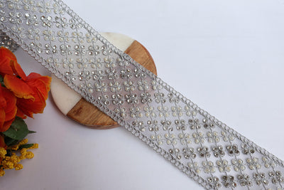 Silver Embroidered Trim Lace: Zircon, Pearl, Zari Sari Border - 5cm Wide