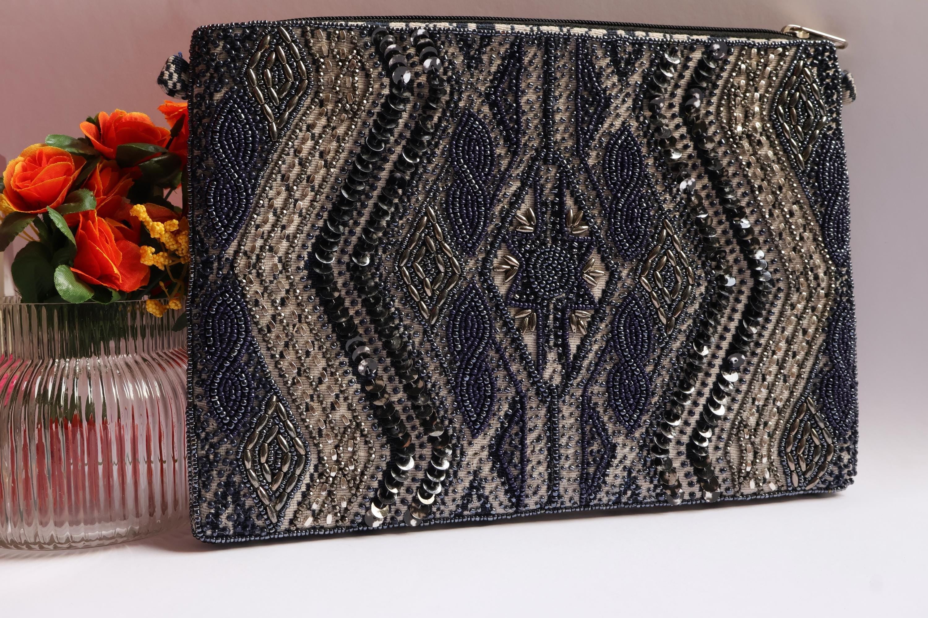 Beaded Embroidered Pouch: Handmade Indian Metallic Boho Bag