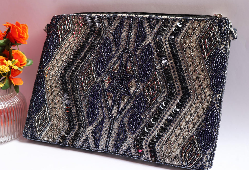 Beaded Embroidered Pouch: Handmade Indian Metallic Boho Bag