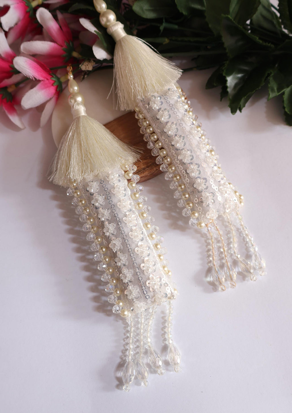 Pearl & Crystal Tassel Latkan: Indian Bridal Lehenga Dupatta Embellishment (Pair)