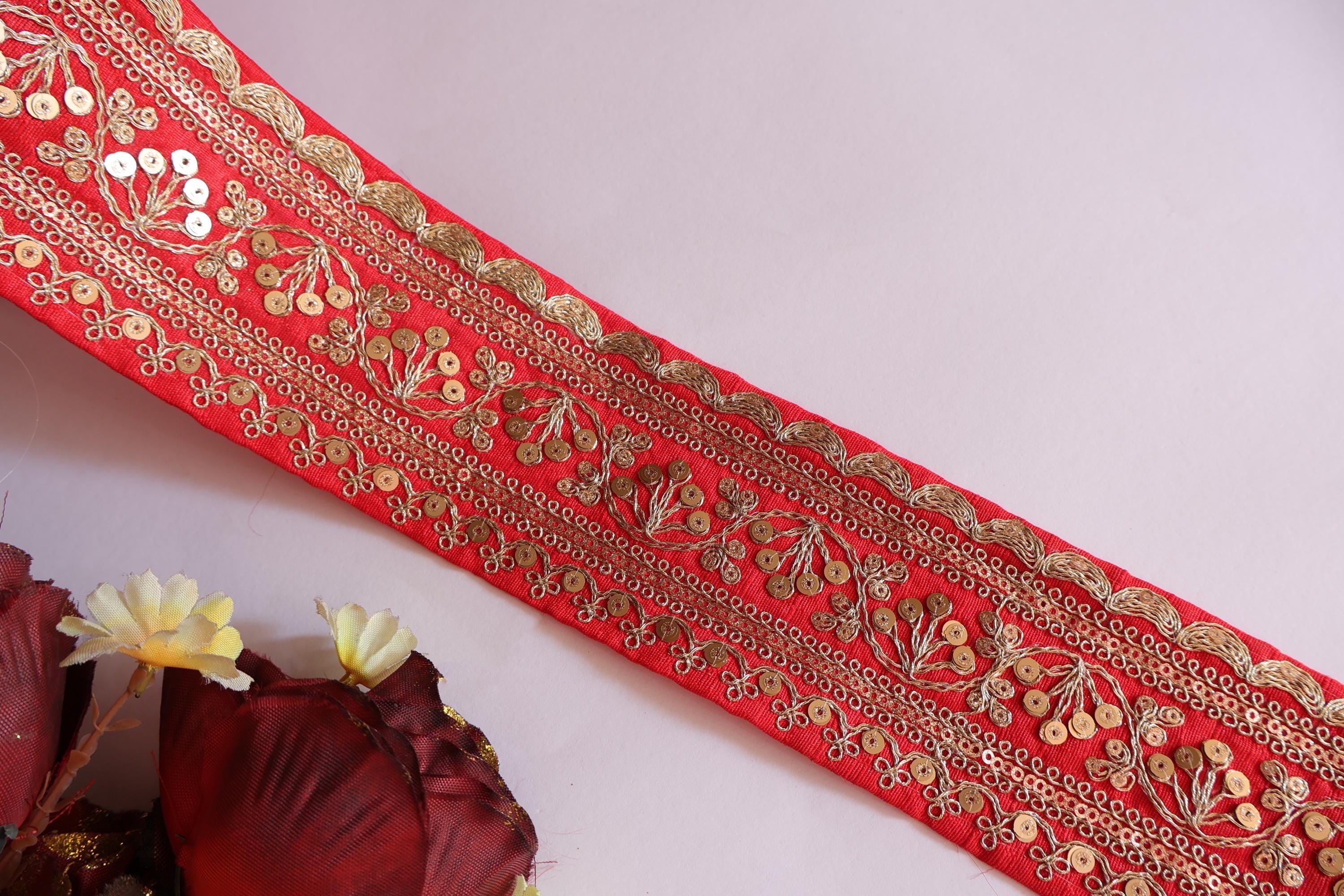 Red & Golden Zari Embroidered Sari Lace - Indian Dress Border (9 Yards)