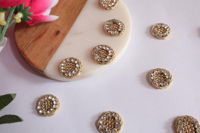 25 Pc - Round Zardozi & Stonework Gold Applique Patches, Indian Decorative Zircon Patches