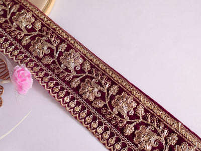 Wine Velvet Zari Lace Trim: Antique Golden Embroidered Border for Sarees