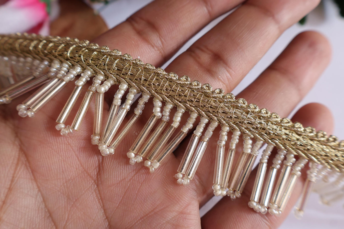 White Glass Beaded Tassel Lace Trim - 3cm Wide