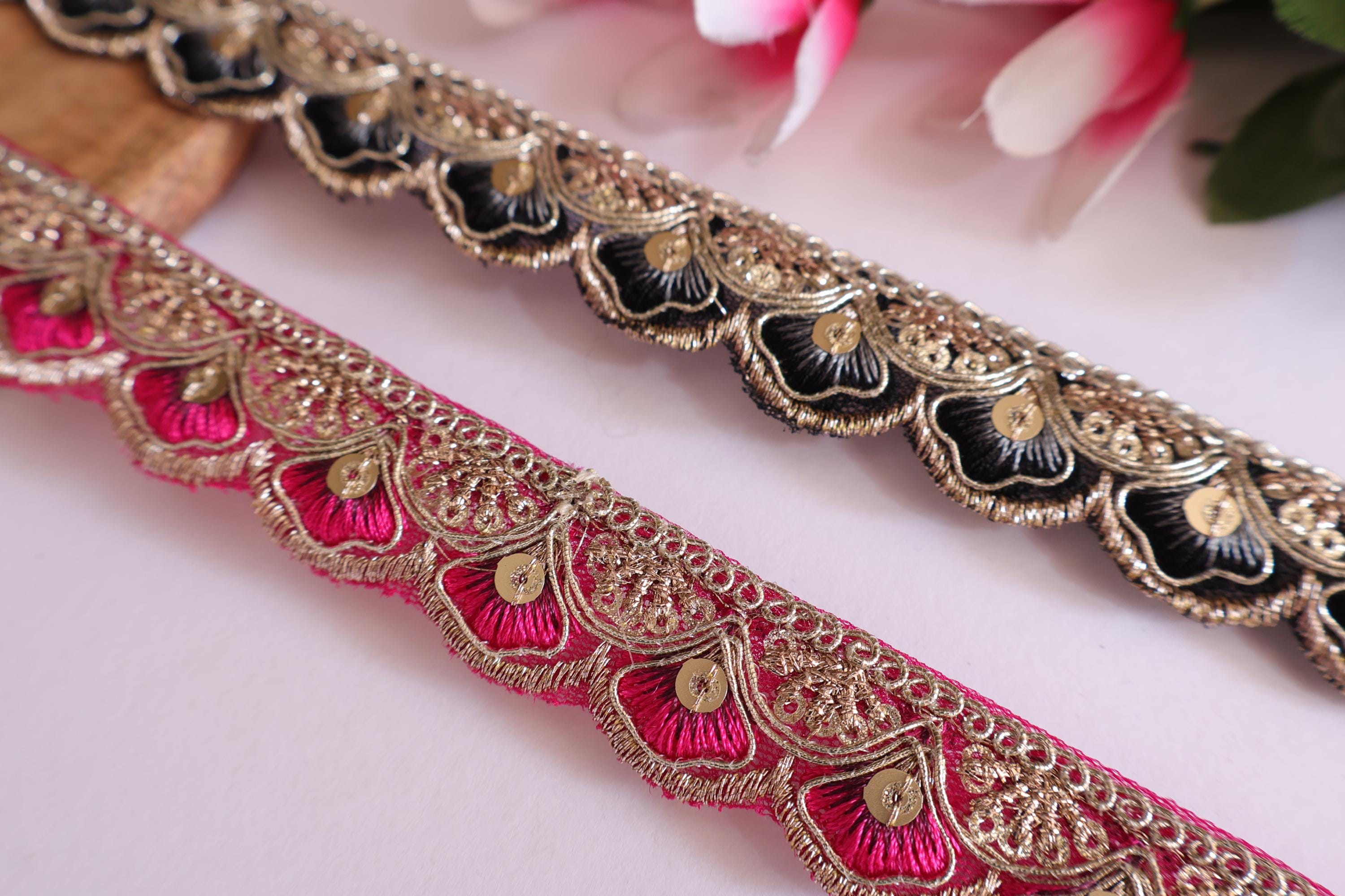 Ombre Threadwork Lace Trim: Black/Magenta Scalloped Border, 9 Yards