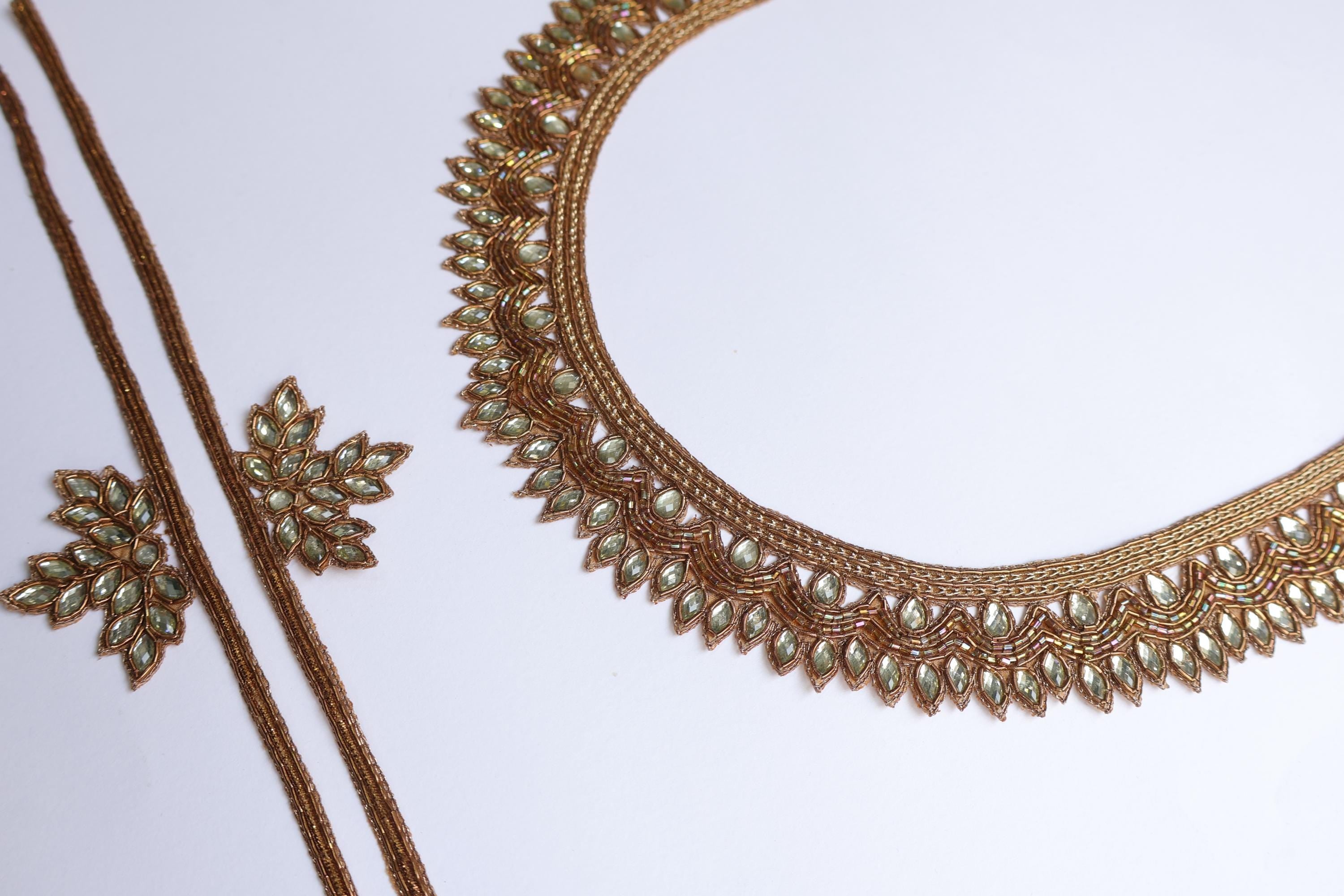 Golden Embroidered Stonework Neckline Patch with Sleeves: Indian DIY Garment Applique