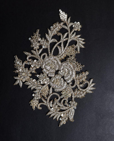 1 Pc - Floral Clear White Gold Zardozi Embroidered Sew on Patch