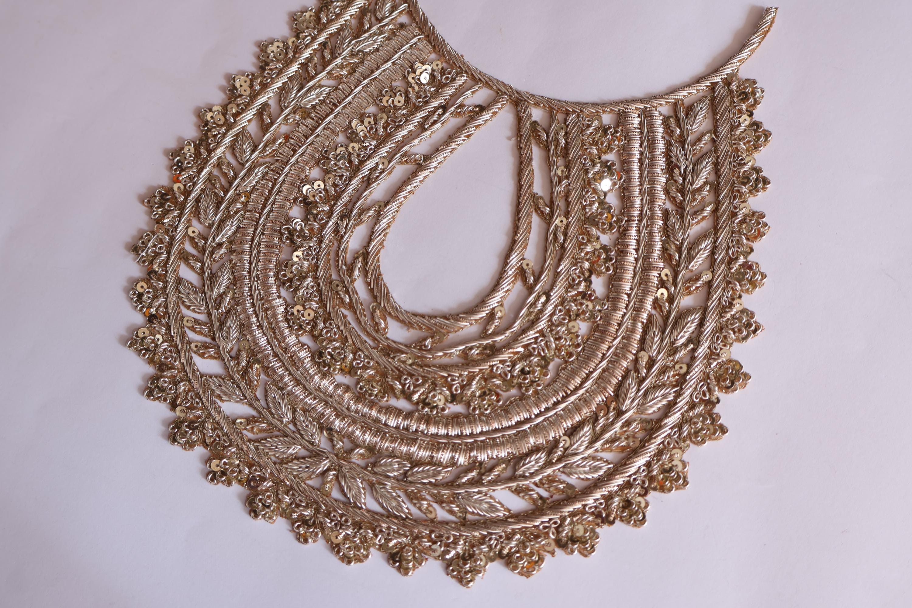 Embroidered Golden Neckline Patch with Vine Trim: Indian Zardozi Applique
