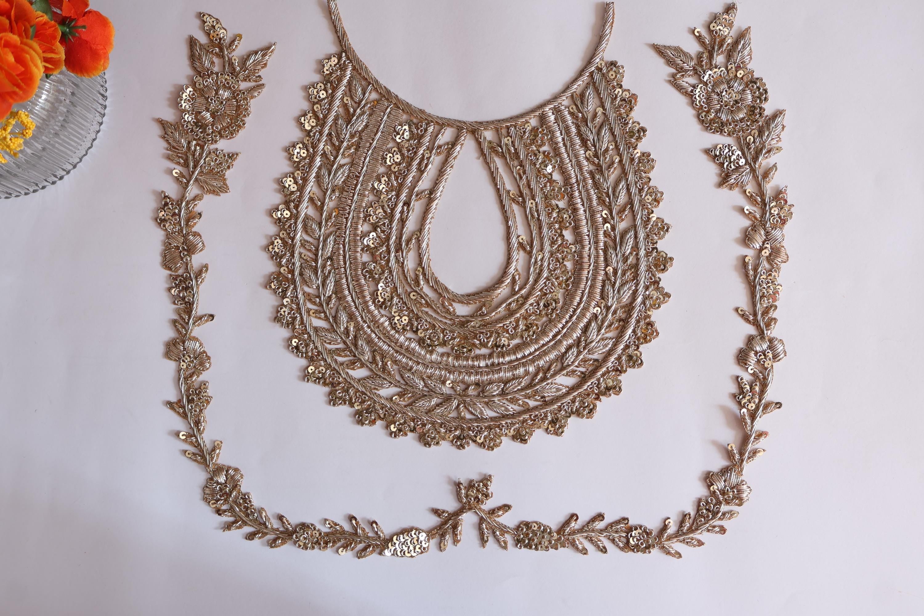 Embroidered Golden Neckline Patch with Vine Trim: Indian Zardozi Applique