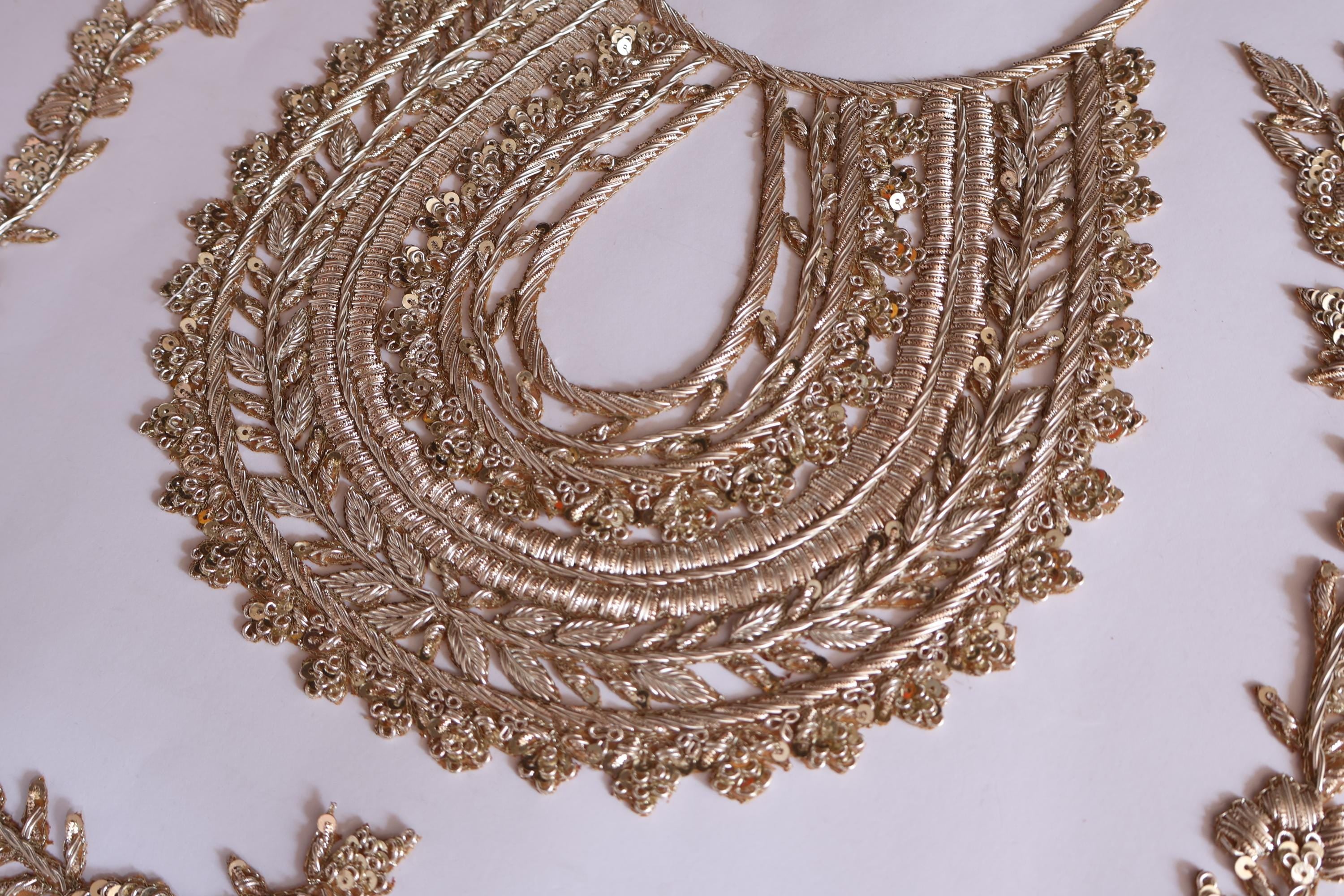 Embroidered Golden Neckline Patch with Vine Trim: Indian Zardozi Applique