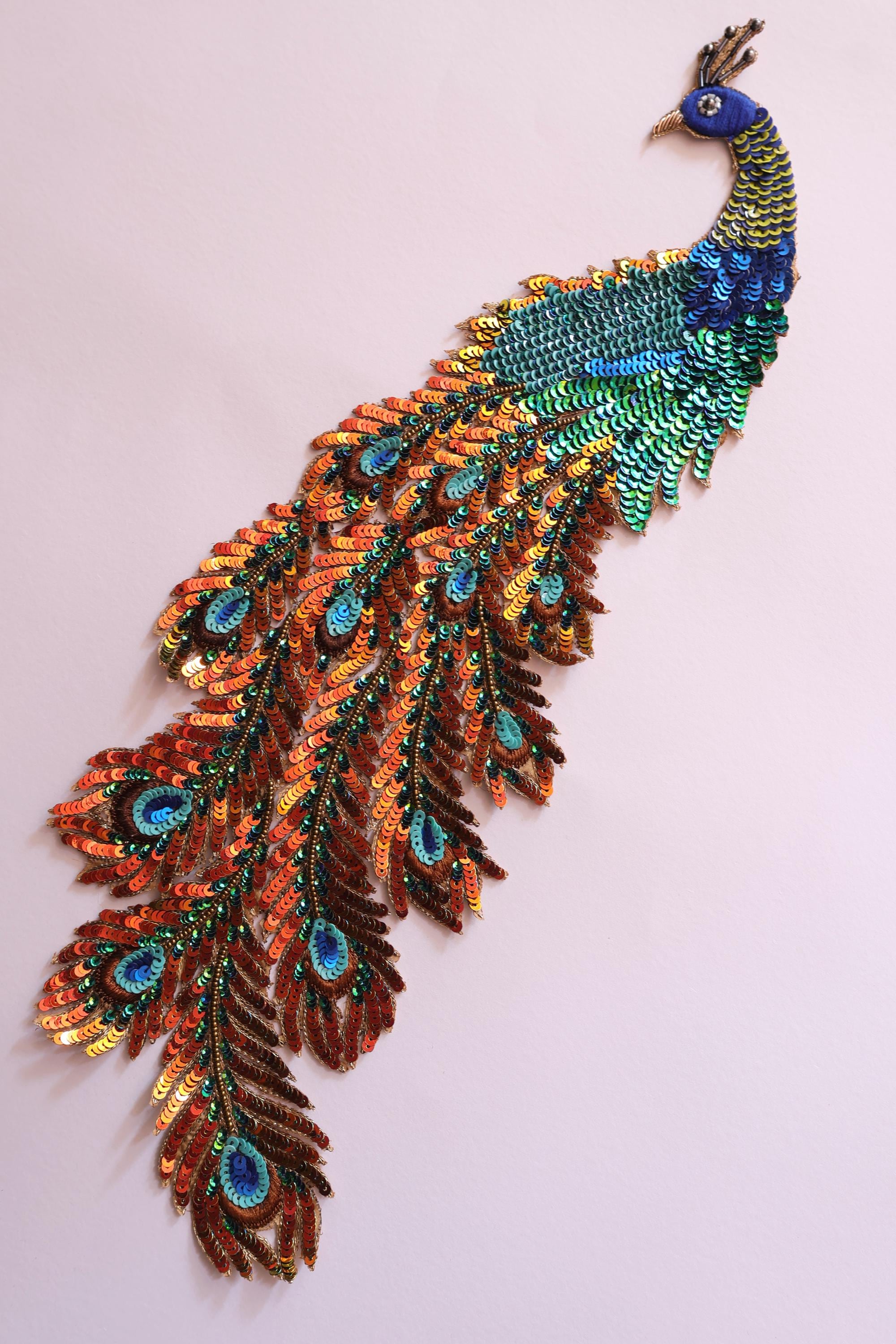 Ombre Sequins Peacock Applique: Large Zardozi Embroidered Patch