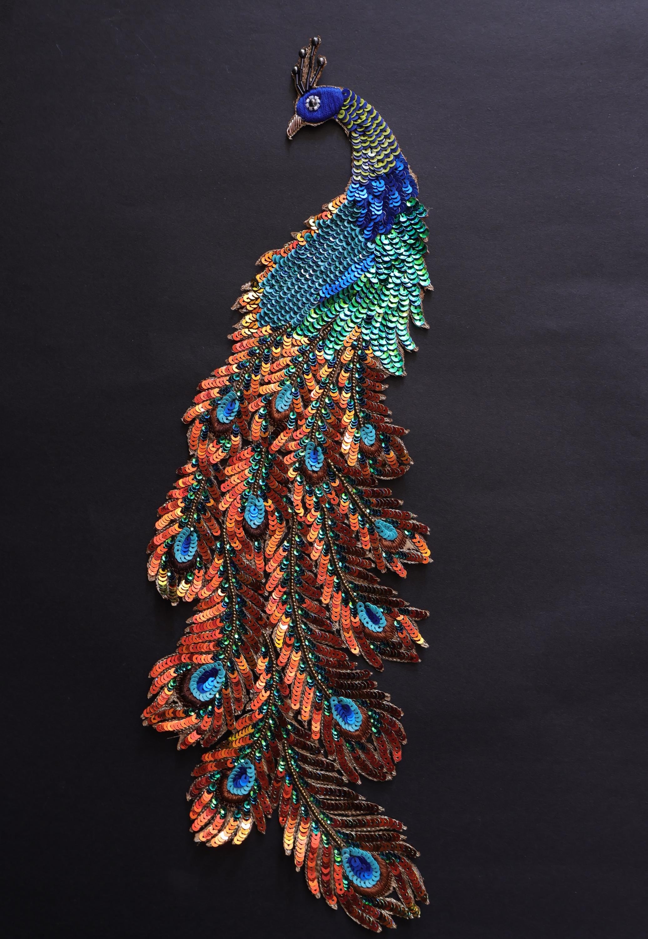 Ombre Sequins Peacock Applique: Large Zardozi Embroidered Patch