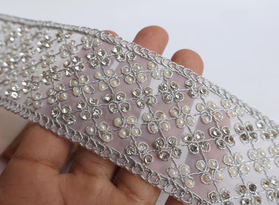 Silver Embroidered Trim Lace: Zircon, Pearl, Zari Sari Border - 5cm Wide
