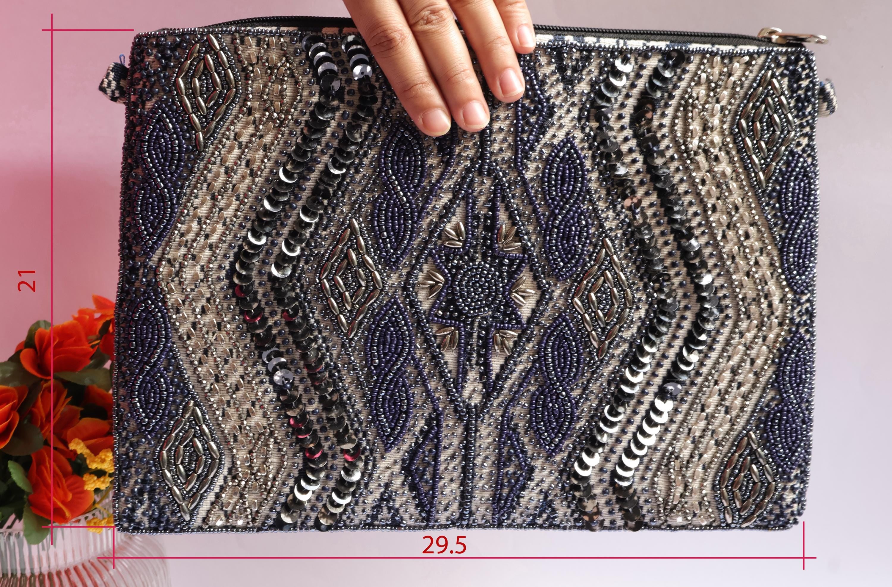 Beaded Embroidered Pouch: Handmade Indian Metallic Boho Bag