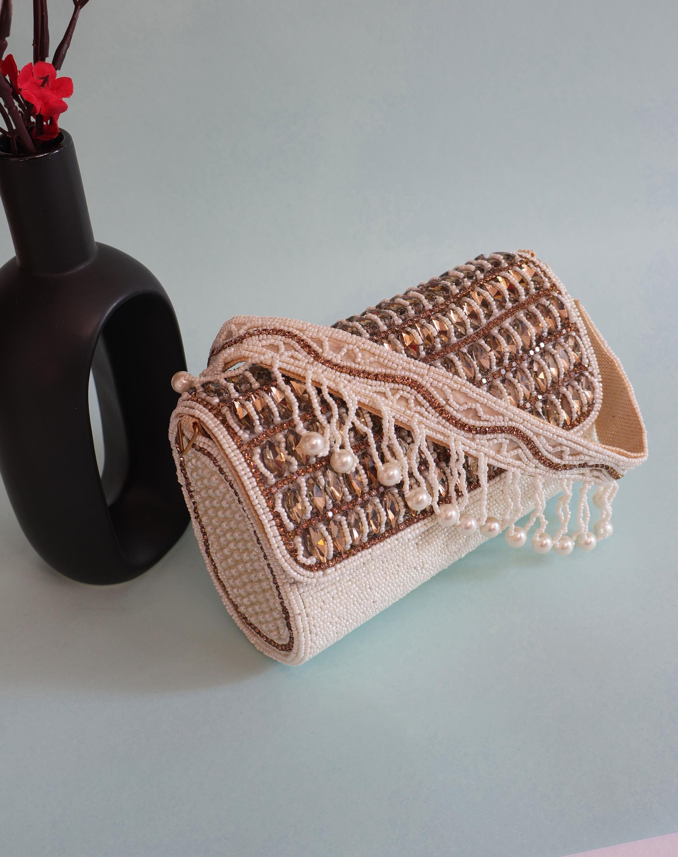 Handmade Beaded Bridal Clutch: Creme White, Gold, and Pearls