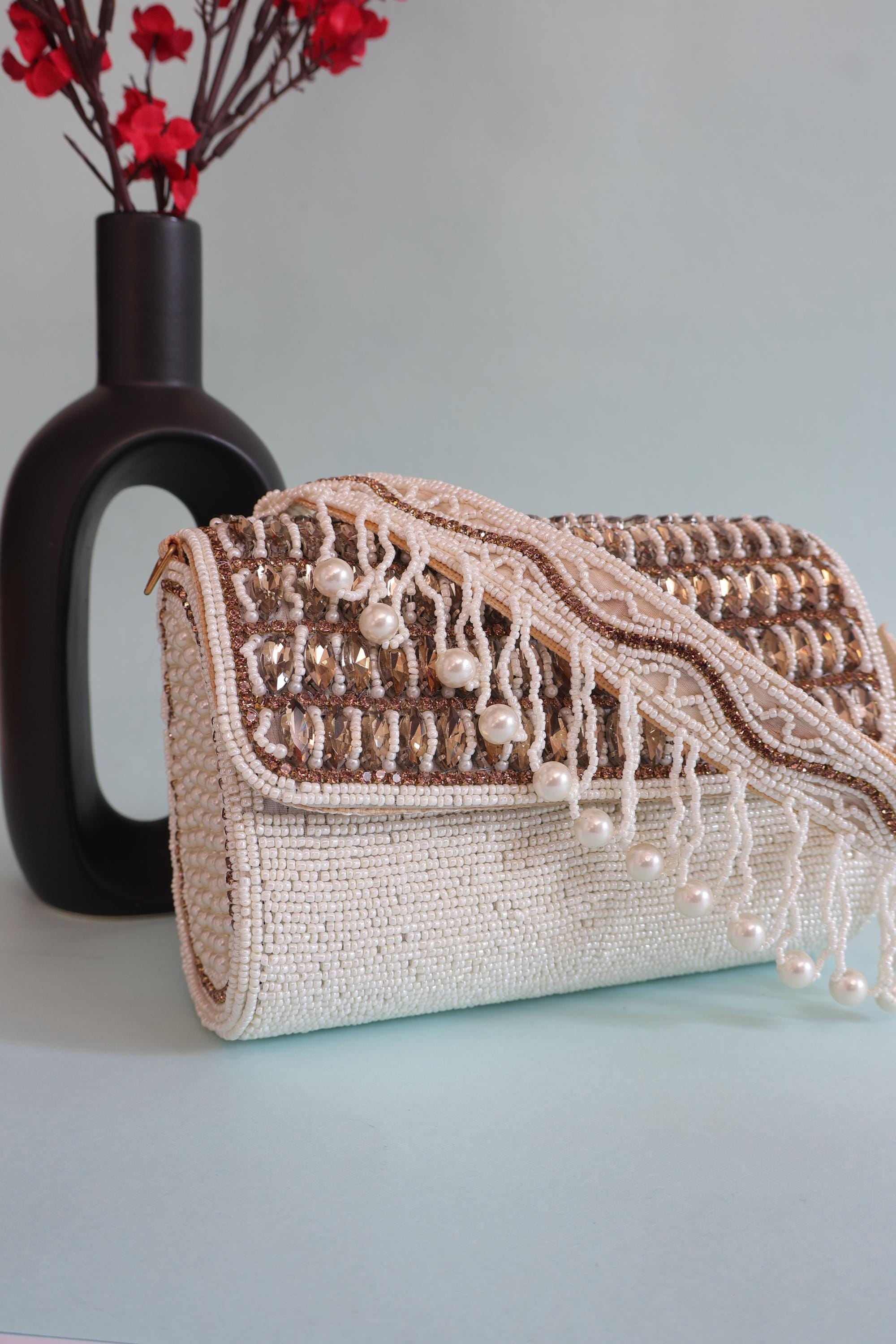 Handmade Beaded Bridal Clutch: Creme White, Gold, and Pearls