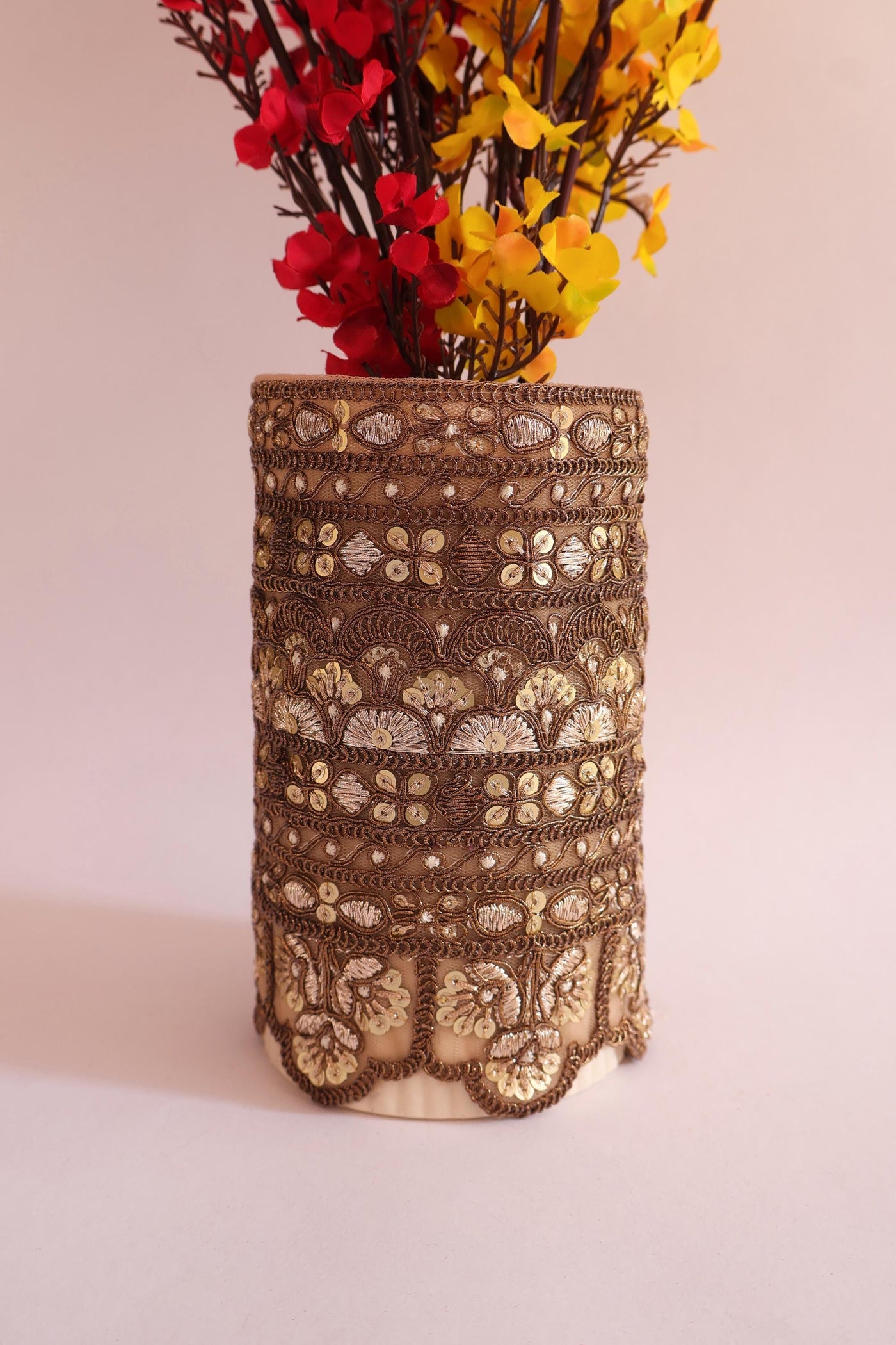 Golden Brown Broad Zari Scalloped Embroidered Trim Lace 16 cm - 1 Yard