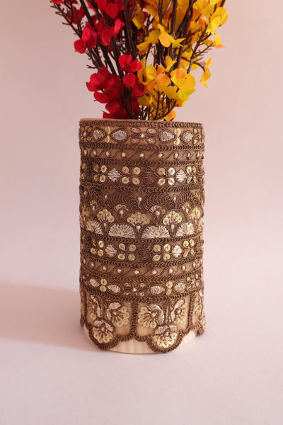 Golden Brown Broad Zari Scalloped Embroidered Trim Lace 16 cm - 1 Yard