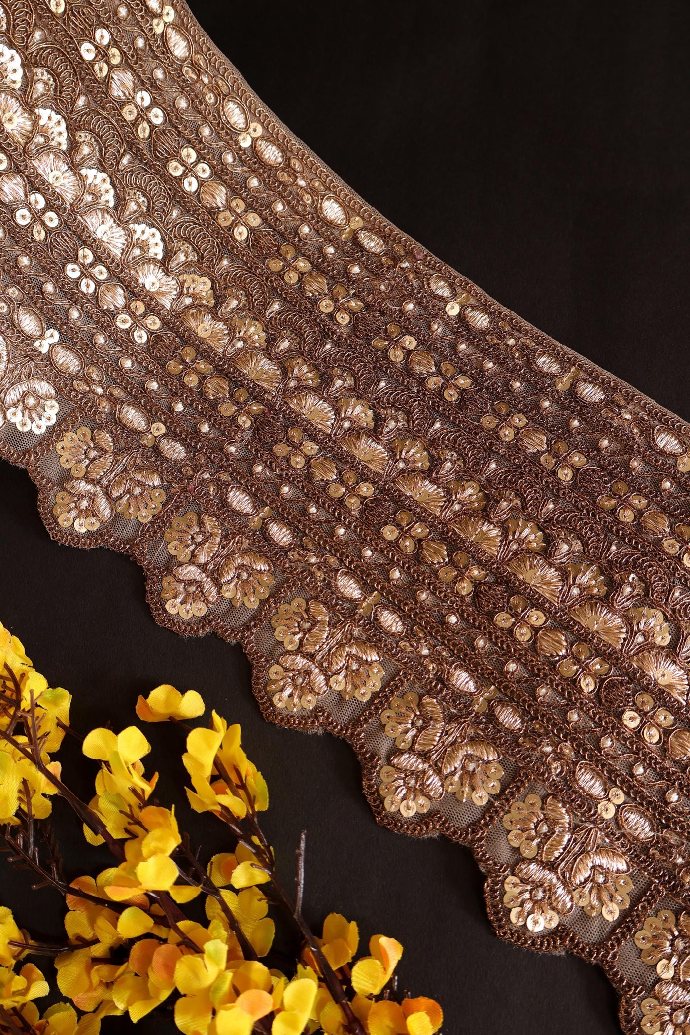 Golden Brown Broad Zari Scalloped Embroidered Trim Lace 16 cm - 1 Yard