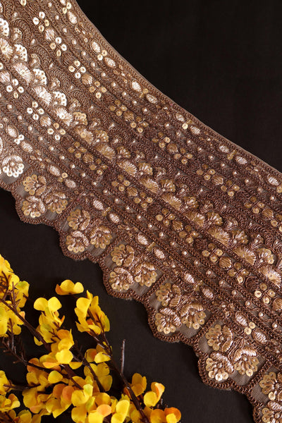 Golden Brown Broad Zari Scalloped Embroidered Trim Lace 16 cm - 1 Yard