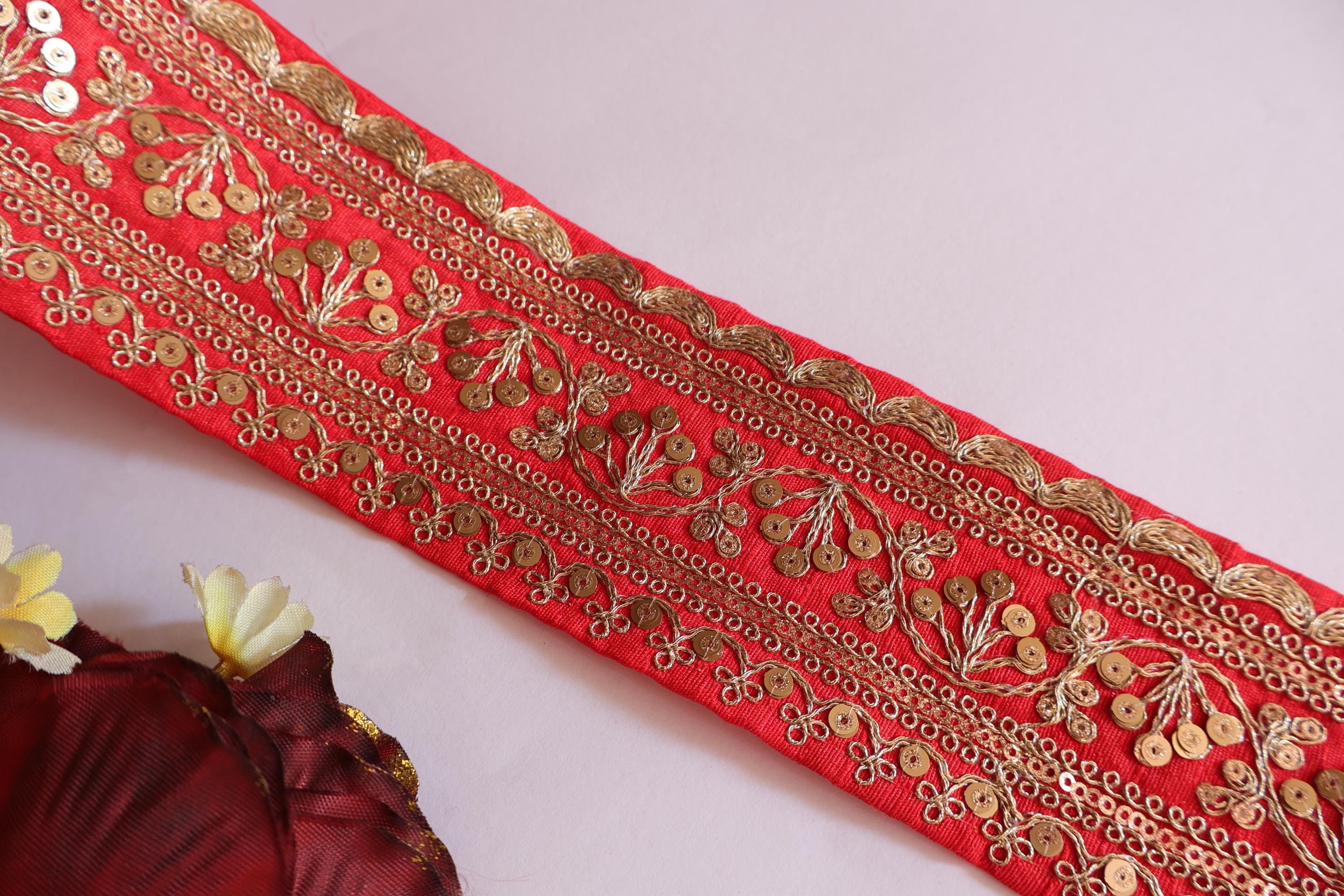 Red & Golden Zari Embroidered Sari Lace - Indian Dress Border (9 Yards)